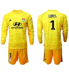 Lyon #1 Lopes Yellow Goalkeeper Long Sleeves Soccer Club Jersey
