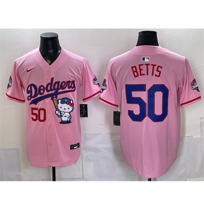 Men's Los Angeles Dodgers #50 Mookie Betts Pink Hello Kitty Night 2025 World Series Champions Stitched Baseball Jersey