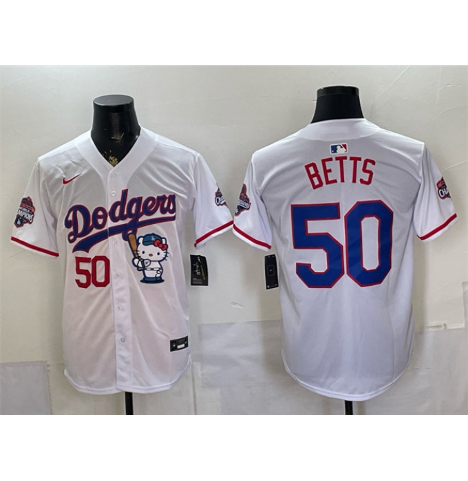 Men's Los Angeles Dodgers #50 Mookie Betts White Hello Kitty Night 2025 World Series Champions Stitched Baseball Jersey