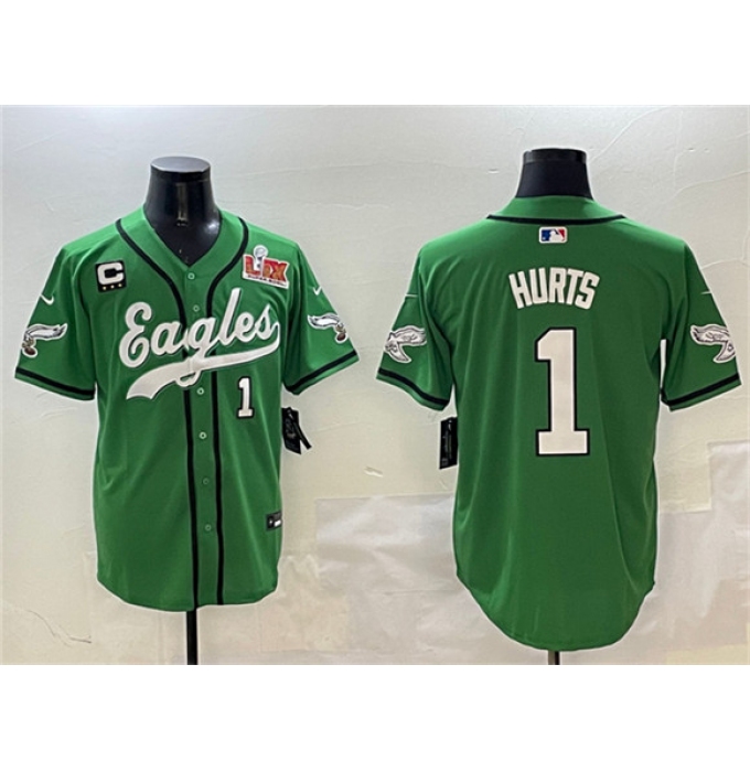 Men's Philadelphia Eagles #1 Jalen Hurts Green 2025 Super Bowl LIX And 3-Star C Stitched Baseball Jersey