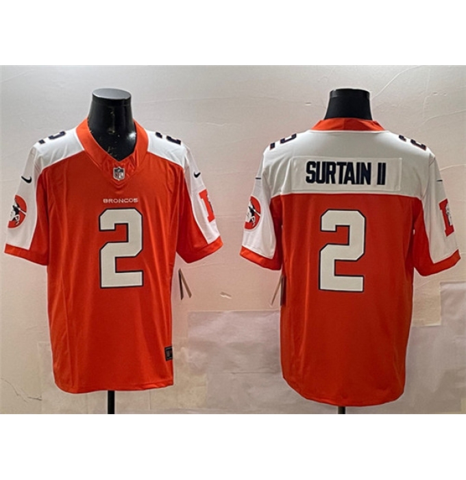 Men's Denver Broncos #2 Patrick Surtain II Orange White 2024 F.U.S.E. V2 Throwback Vapor Limited Alternate Stitched Jersey