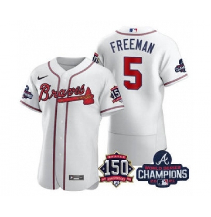 Men's Atlanta Braves #5 Freddie Freeman 2021 White World Series Champions With 150th Anniversary Flex Base Stitched Jersey
