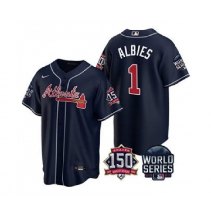 Men's Atlanta Braves #1 Ozzie Albies 2021 Navy World Series With 150th Anniversary Patch Cool Base Baseball Jersey