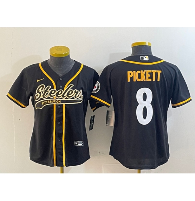 Women's Pittsburgh Steelers #8 Kenny Pickett Black With Cool Base Stitched Baseball Jersey(Run Small)