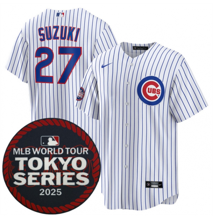 Men's Chicago Cubs #27 Seiya Suzuki White 2025 World Tour Tokyo Series Home Stitched Baseball Jersey