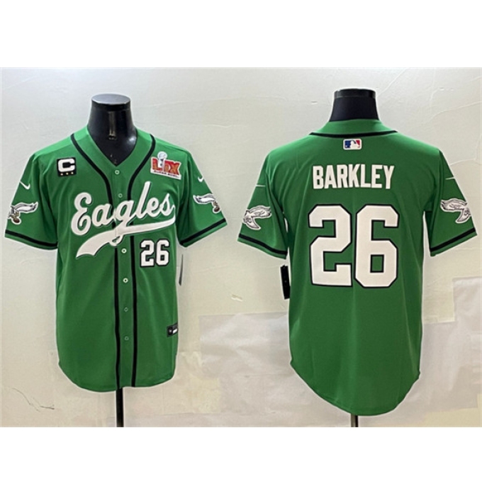 Men's Philadelphia Eagles #26 Saquon Barkley Green 2025 Super Bowl LIX And 3-Star C Stitched Baseball Jersey