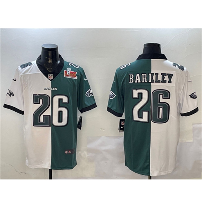 Men's Philadelphia Eagles #26 Saquon Barkley White & Green Split 2025 Super Bowl LIX Vapor Untouchable Limited Football Stitched Jersey