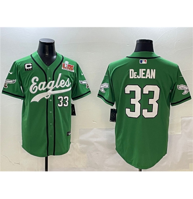 Men's Philadelphia Eagles #33 Cooper DeJean Green 2025 Super Bowl LIX And 3-Star C Stitched Baseball Jersey