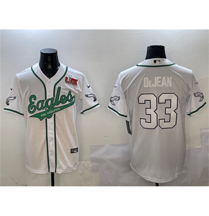 Men's Philadelphia Eagles #33 Cooper DeJean White 2025 Super Bowl LIX Cool Base Stitched Baseball Jersey