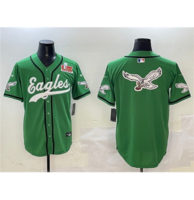 Men's Philadelphia Eagles Team Big Logo Green 2025 Super Bowl LIX Stitched Baseball Jersey