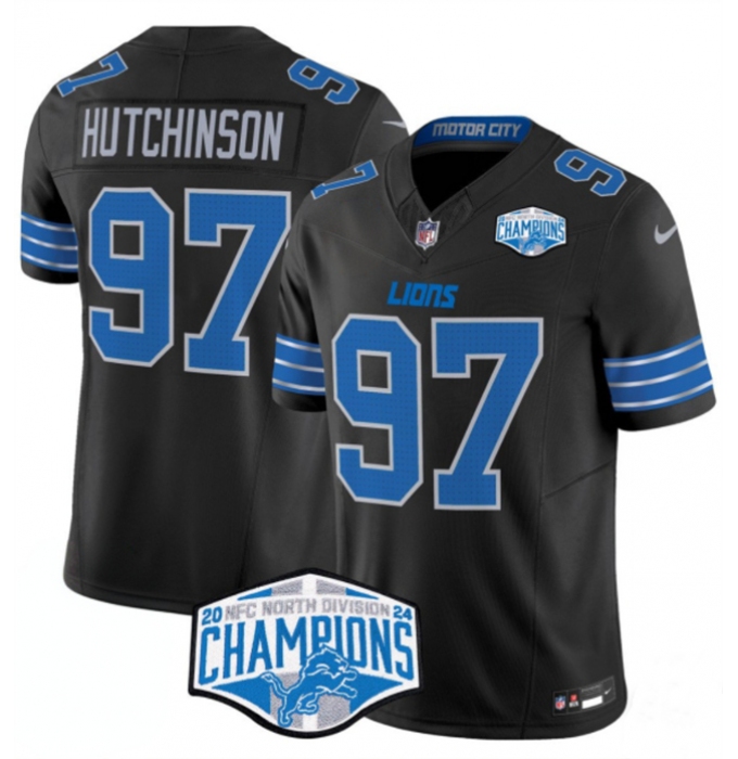 Men's Detroit Lions #97 Aidan Hutchinson Black 2024 NFC North Champions F.U.S.E. Vapor Limited Stitched Jersey