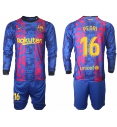 Men 2021-2022 Club Barcelona Second away blue Long Sleeve 16 Soccer Jersey