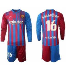 Men 2021-2022 Club Barcelona home red blue Long Sleeve 16 Nike Soccer Jersey