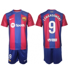 Men's Barcelona #9 Lewandowski Blue Red 2023-24 Home Soccer Jersey