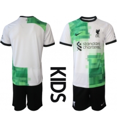 Kids Liverpool Blank 2023-24 White Green Away Soccer Jersey