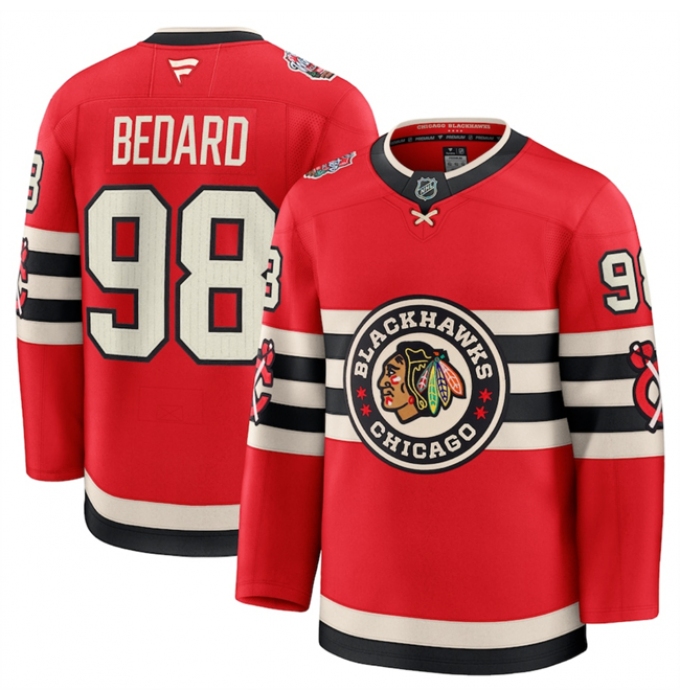 Men's Chicago Blackhawks #98 Connor Bedard Red 2024-25 Winter Classic Stitched Hockey Jersey