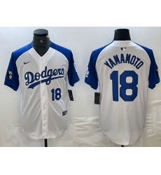 Men's Los Angeles Dodgers #18 Yoshinobu Yamamoto Number White Blue Fashion Stitched Cool Base Limited Jersey