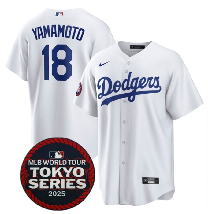 Men's Los Angeles Dodgers #18 Yoshinobu Yamamoto White 2025 World Tour Tokyo Series Home Stitched Baseball Jersey