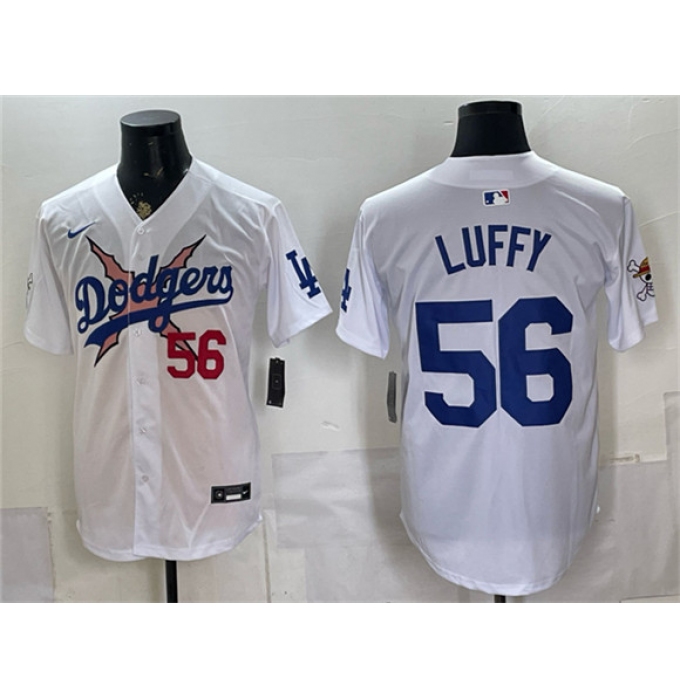 Men's Los Angeles Dodgers x One Piece #56 Luffy White Vapor Premier Limited Stitched Baseball Jersey