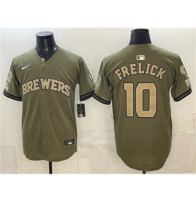 Men's Milwaukee Brewers #10 Sal Frelick Olive 2026 Armed Forces Day Stitched Baseball Jersey