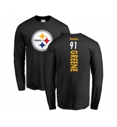 Football Pittsburgh Steelers #91 Kevin Greene Black Name & Number Logo Long Sleeve T-Shirt