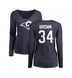 Football Women's Los Angeles Rams #34 Malcolm Brown Navy Blue Name & Number Logo Slim Fit Long Sleeve T-Shirt