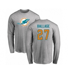 Football Miami Dolphins #27 Kalen Ballage Ash Name & Number Logo Long Sleeve T-Shirt