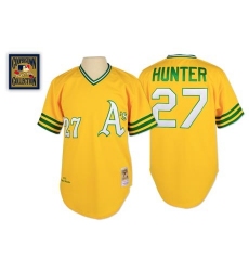 Men's Mitchell and Ness Oakland Athletics #27 Catfish Hunter Authentic Gold Throwback MLB Jersey