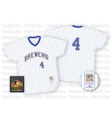 Men's Mitchell and Ness Milwaukee Brewers #4 Paul Molitor Replica White/Blue Strip Throwback MLB Jersey