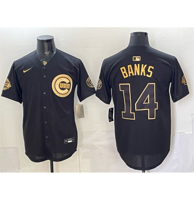 Men's Chicago Cubs #14 Ernie Banks Black Gold 150th Anniversary Stitched Baseball Jersey