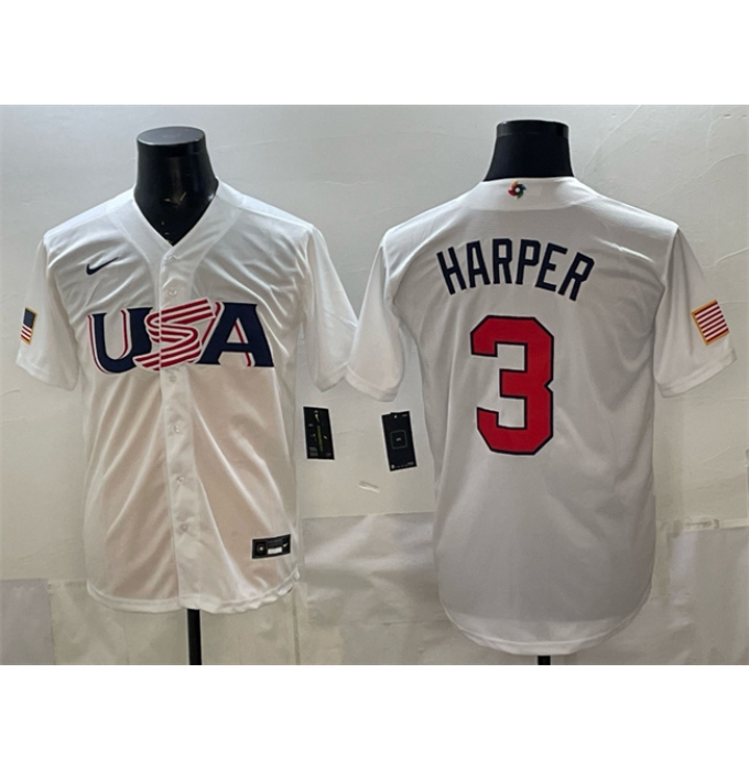 Men's USA Baseball #3 Bryce Harper White World Baseball Classic Stitched Jersey