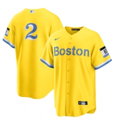 Men's Boston Red Sox #2 Xander Bogaerts Nike Gold-Light Blue 2021 City Connect Replica Player Jersey