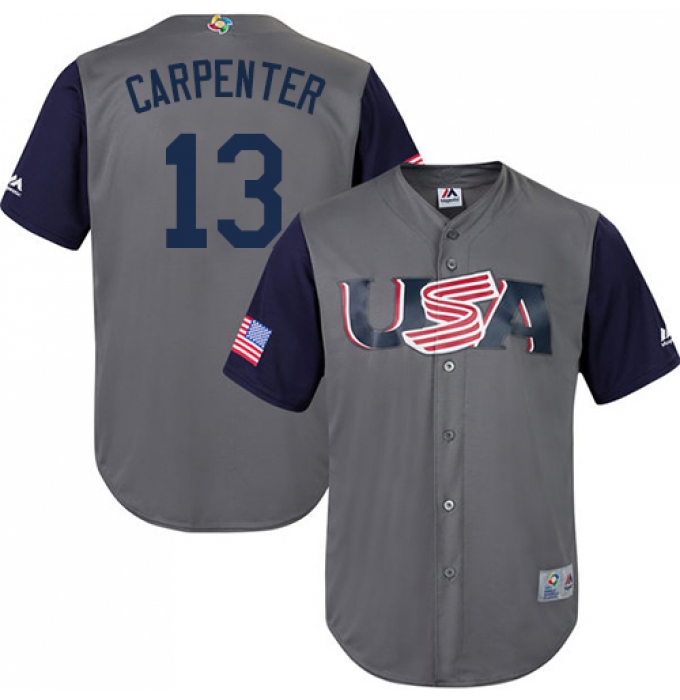 Men's USA Baseball Majestic #13 Matt Carpenter Gray 2017 World Baseball Classic Replica Team Jersey