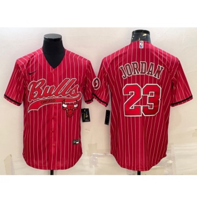 Men's Chicago Bulls #23 Michael Jordan Red Pinstripe With Patch Cool Base Stitched Baseball Jersey