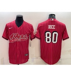 Men's San Francisco 49ers #80 Jerry Rice Red Pinstripe Color Rush With Patch Cool Base Stitched Baseball Jersey