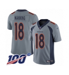 Men's Denver Broncos #18 Peyton Manning Limited Silver Inverted Legend 100th Season Football Jersey