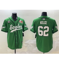 Men's Philadelphia Eagles #62 Jason Kelce Green 2025 Super Bowl LIX And 3-Star C Stitched Baseball Jersey