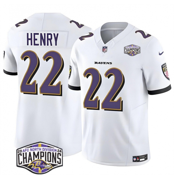 Men's Baltimore Ravens #22 Derrick Henry White F.U.S.E 2024 AFC North Division Champions Vapor Limited Football Jersey