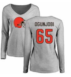 NFL Women's Nike Cleveland Browns #65 Larry Ogunjobi Ash Name & Number Logo Long Sleeve T-Shirt