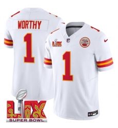 Men's Kansas City Chiefs #1 Xavier Worthy White 2025 Super Bowl LIX F.U.S.E. Vapor Limited Stitched Football Jersey