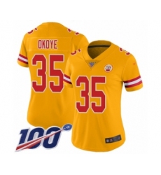 Women's Kansas City Chiefs #35 Christian Okoye Limited Gold Inverted Legend 100th Season Football Jersey